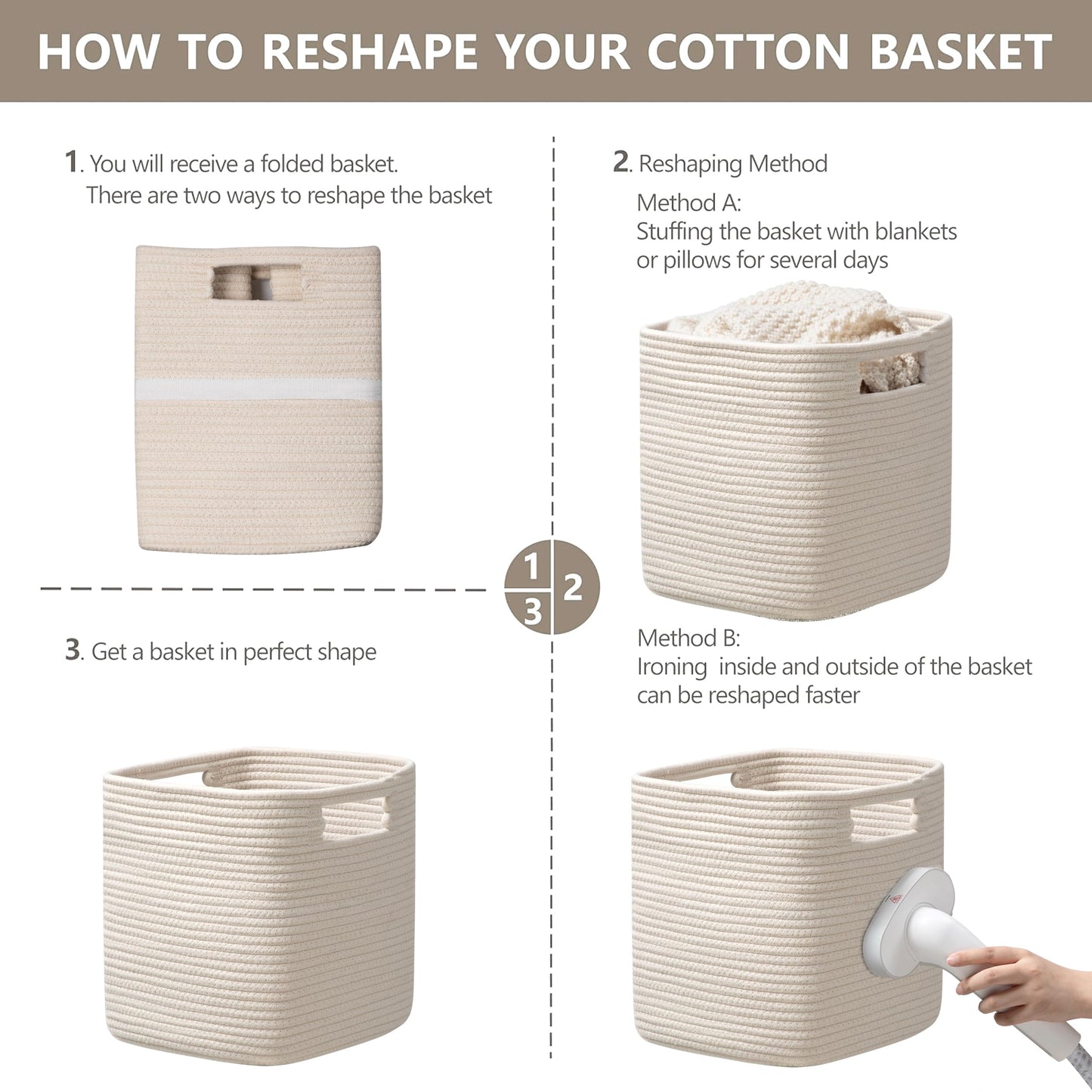 UBBCARE Set of 4 Storage Cubes-13 X 13 X 13 In, Cotton Rope Basket for Shelves, Toys, Book, Cube Storage Bin with Handles, Woven Storage Basket for Organizing, Beige