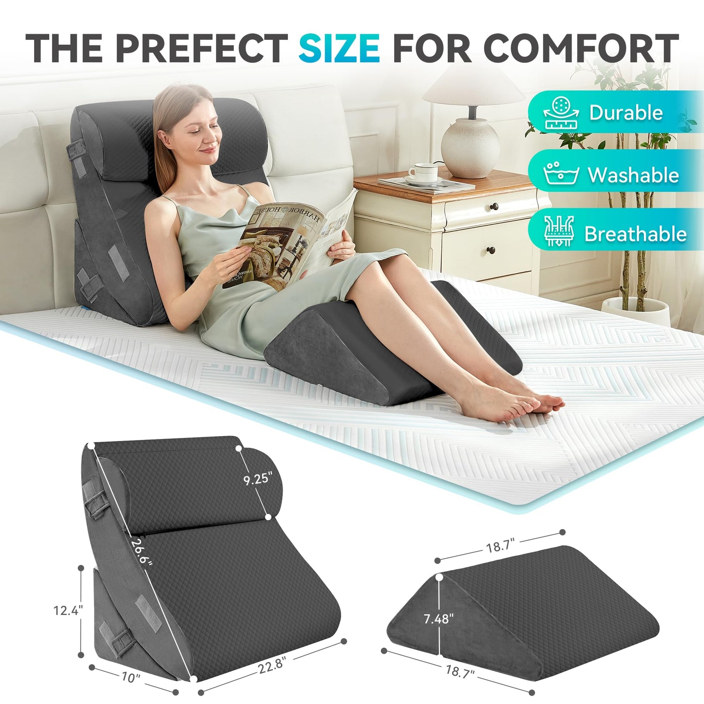 BDEUS 4PCS Bed Wedge Pillow Post Surgery, Orthopedic Sleeping Wedge Pillow Set for Back, Neck and Leg Pain Relief, Acid Reflux, GERD, Memory Foam Support Pillows for After Surgery, Grey