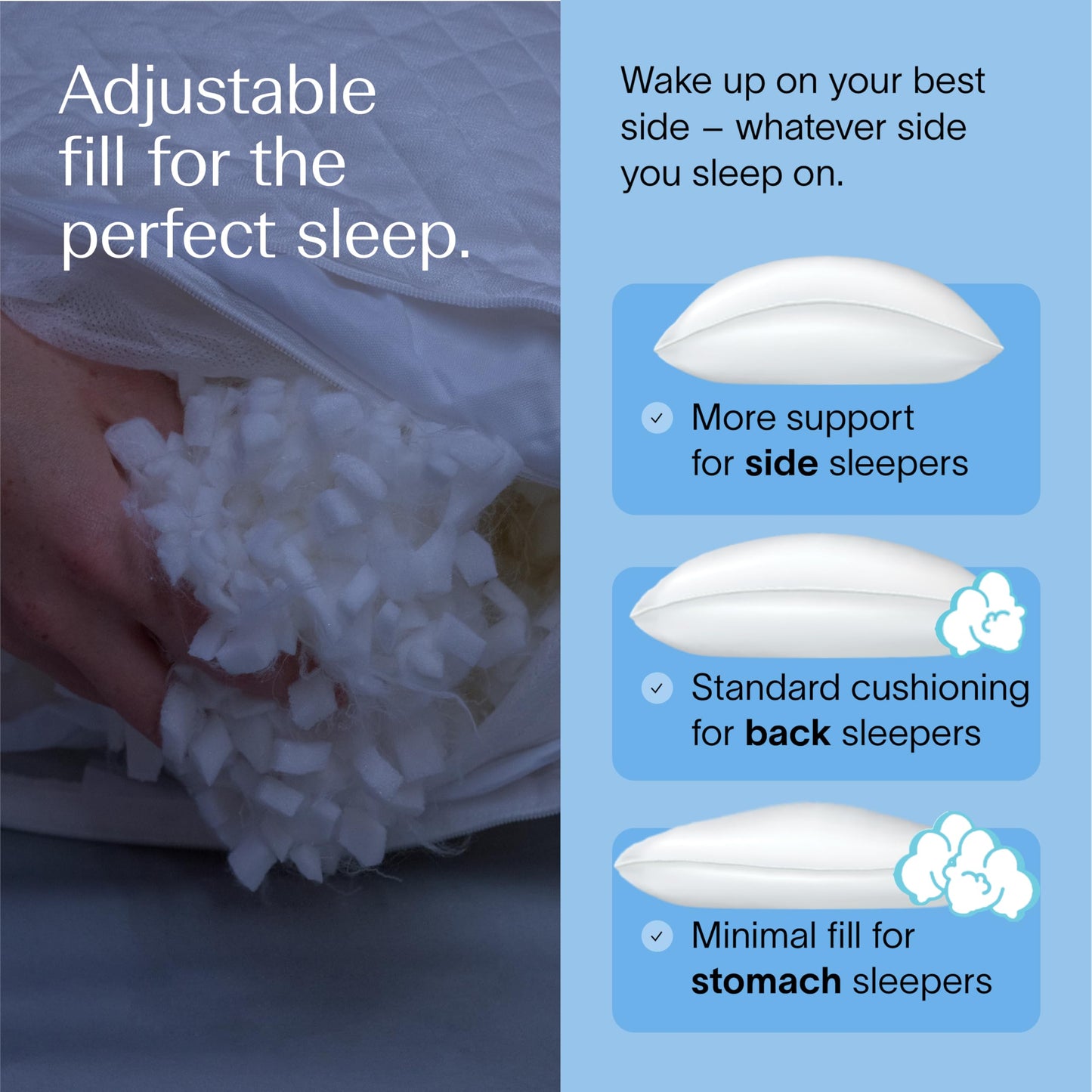 DreamyBlue Moon Pillow β’ Adjustable Loft, Luxury Cover, Shredded Memory Foam β’ for Back, Side and Combination Sleepers β’ Neutral Alignment for All β’ CertiPUR-US Certified Foam (King)