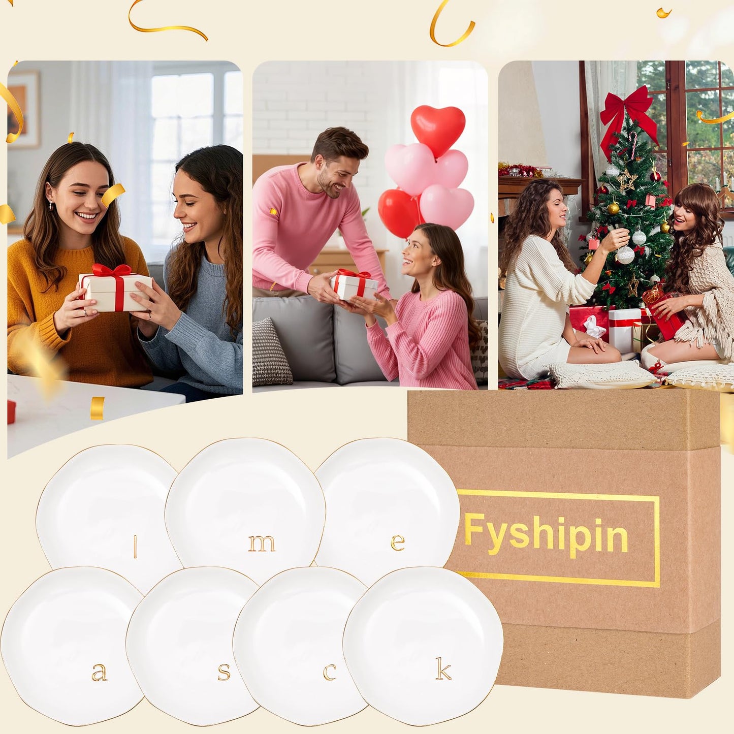 Fyshipin Ceramic Jewelry Tray,Decorative Trinket Dish for Room Decor,Birthday Valentine's Day Mother's Day Graduation Christmas Personalized Gift for Women, 4.75", Gold Rim,Engraved Initial c