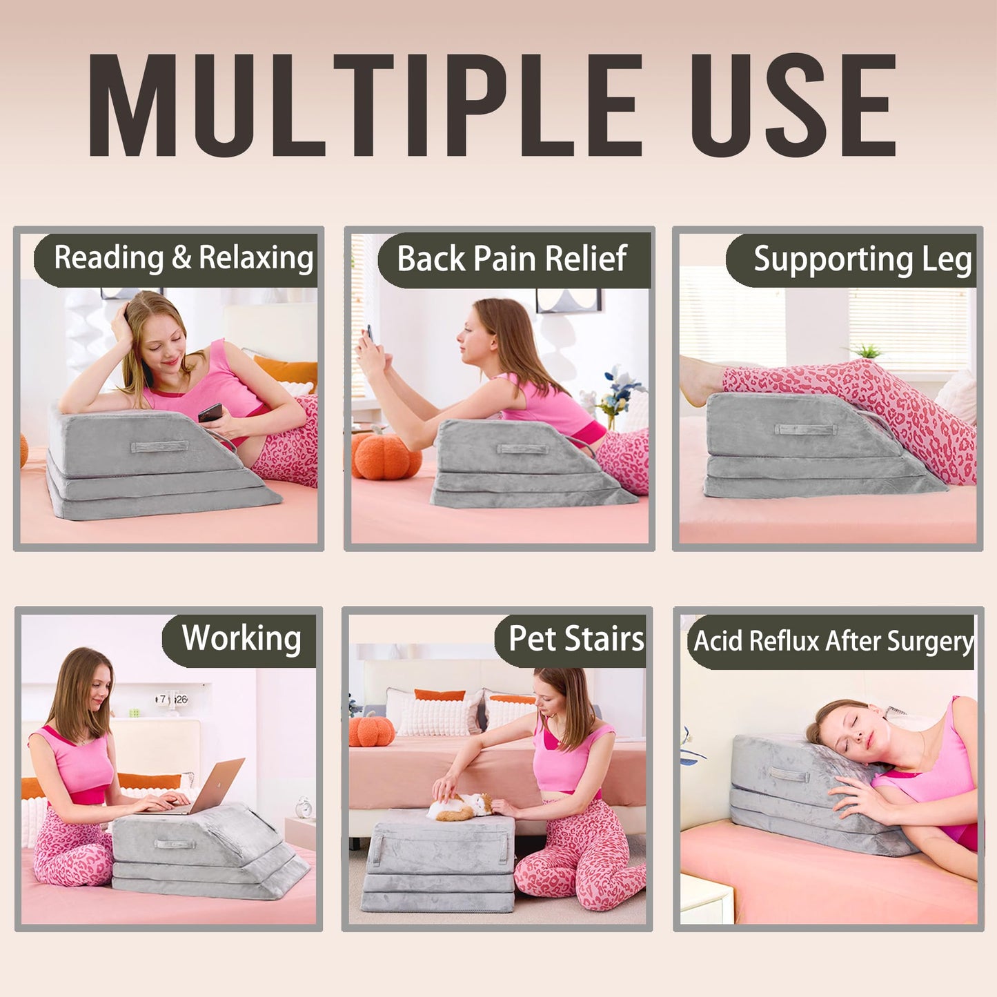 jakoola Wedge Pillow for Sleeping, Bed Wedge Pillow for After Surgery 3-Height Memory Foam Leg Elevation Pillow for Swelling Back Pain Relief Sciatica Knee Ankle Pain Bed Support Legs L 24"