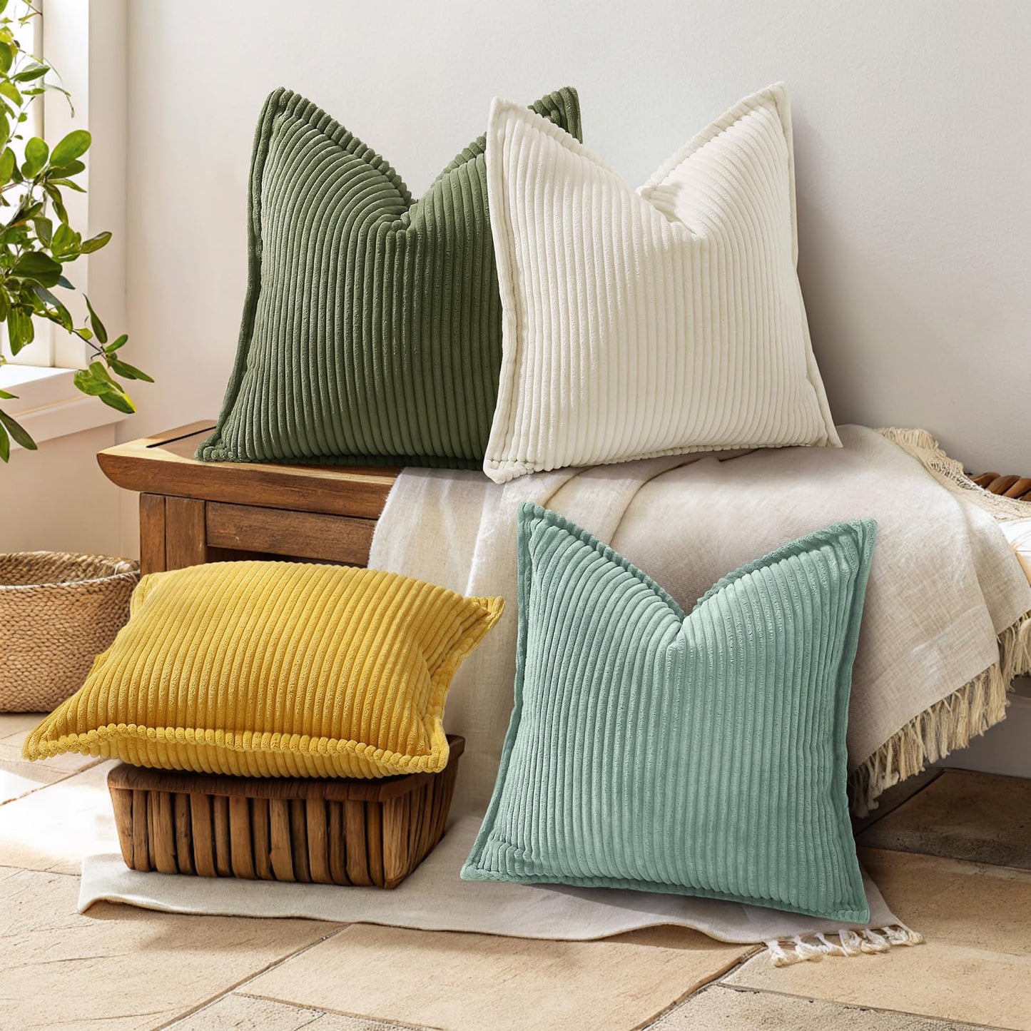 decorUhome Summer Corduroy Teal Euro Sham Throw Pillow Covers 26x26 Set of 2 Decorative Soft Boho Farmhouse Couch Pillow Covers for Living Room Bed Sofa Broadside Striped Pillow Cases