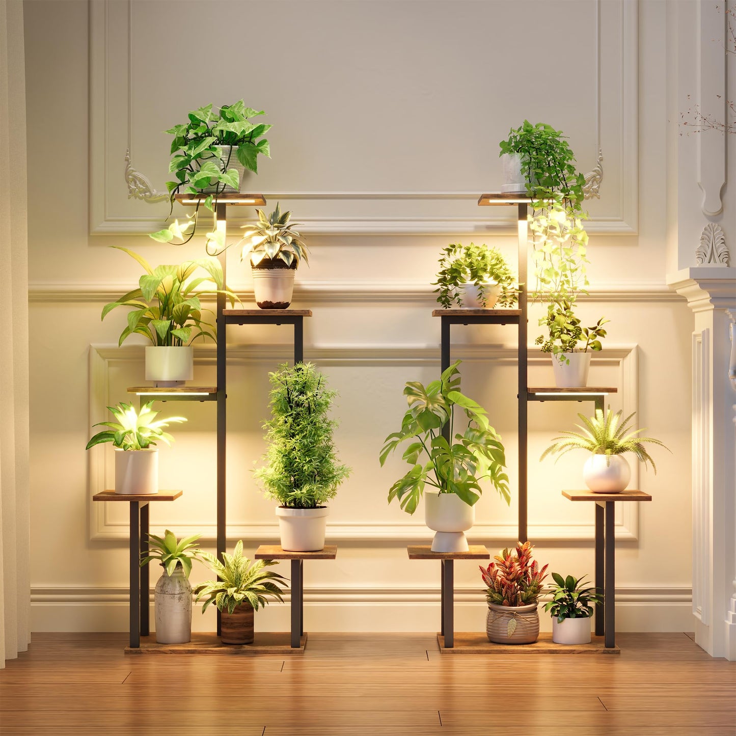 MemoCastle Plant Stand Indoor with Grow Lights - Tiered Corner Shelf Small Metal Lighted Flower Rack Multiple