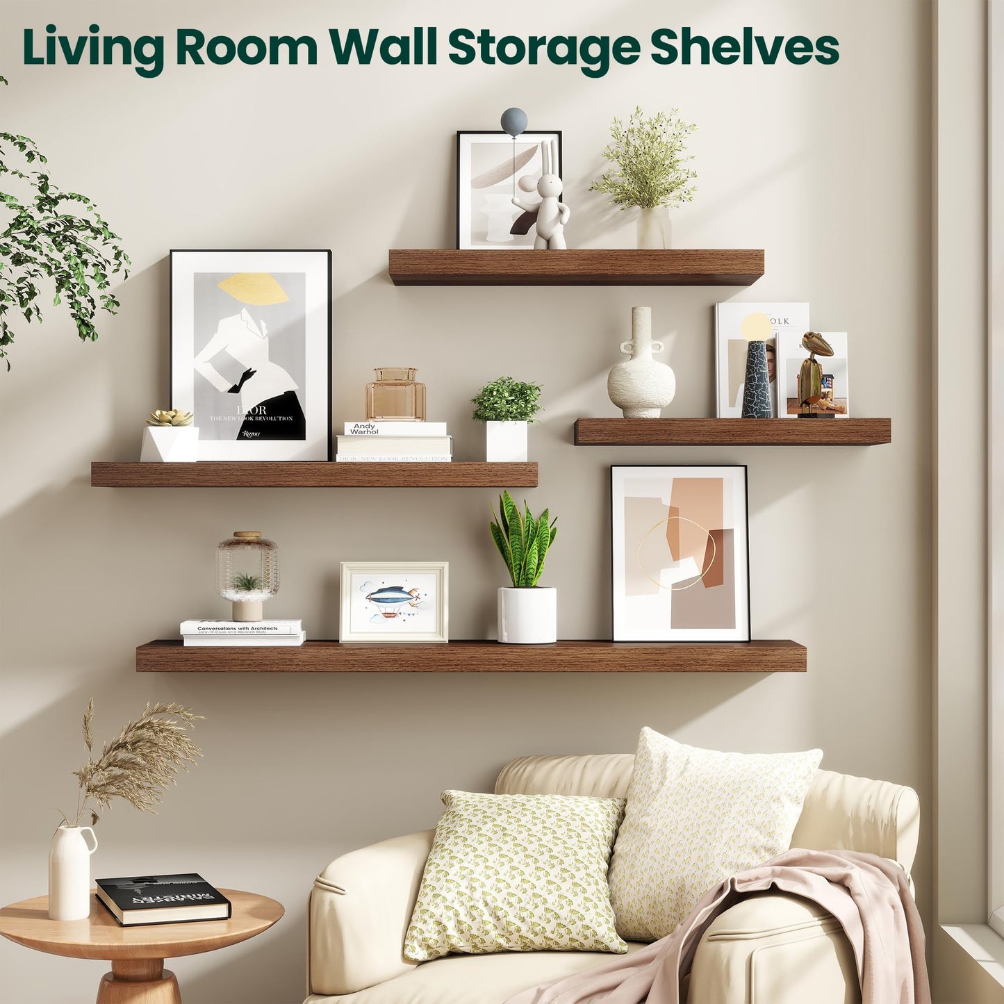 KovaScape Floating Shelves for Wall, 24 Inch x 8 Inch Deep Wall Mounted Wood Shelf with Invisible Brackets for Storage & Display, Living Room Bedroom Kitchen, Walnut, Set of 2