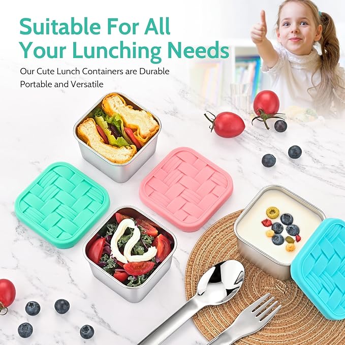 Ryrokxivi 4PC 6oz Stainless Steel Snack Containers for Kids, BPA-Free Metal Toddler Snack Containers with Silicone lids, Leakproof Reusable Lunch Containers for School, Travel, Bento, Daycare