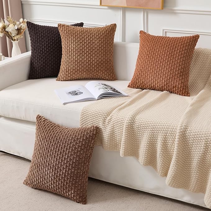 Kevin Textile Fall Decorative Pillow Covers Set of 2 Striped Plush Corduroy Pillows Pillowcases Boho Home Decor Cushion Covers for Couch Sofa Bed Living Room 18x18 Inch, Burnt Orange