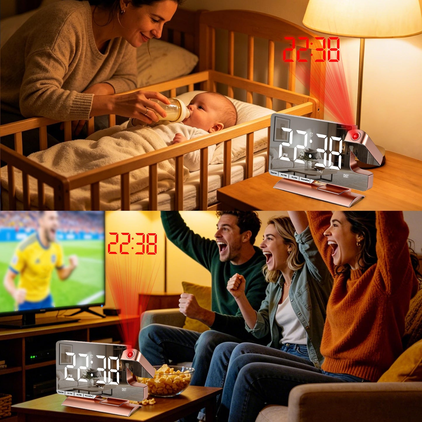 Projection Clock,Alarm Clocks for Bedrooms,7.3"Mirror Bedside Clock with 180°Rotating Projector,6 Brightness Adjust,Dual Alarm with 3 Mode,Date,DST,Charging Port,5 Levels Volume for Home Decor