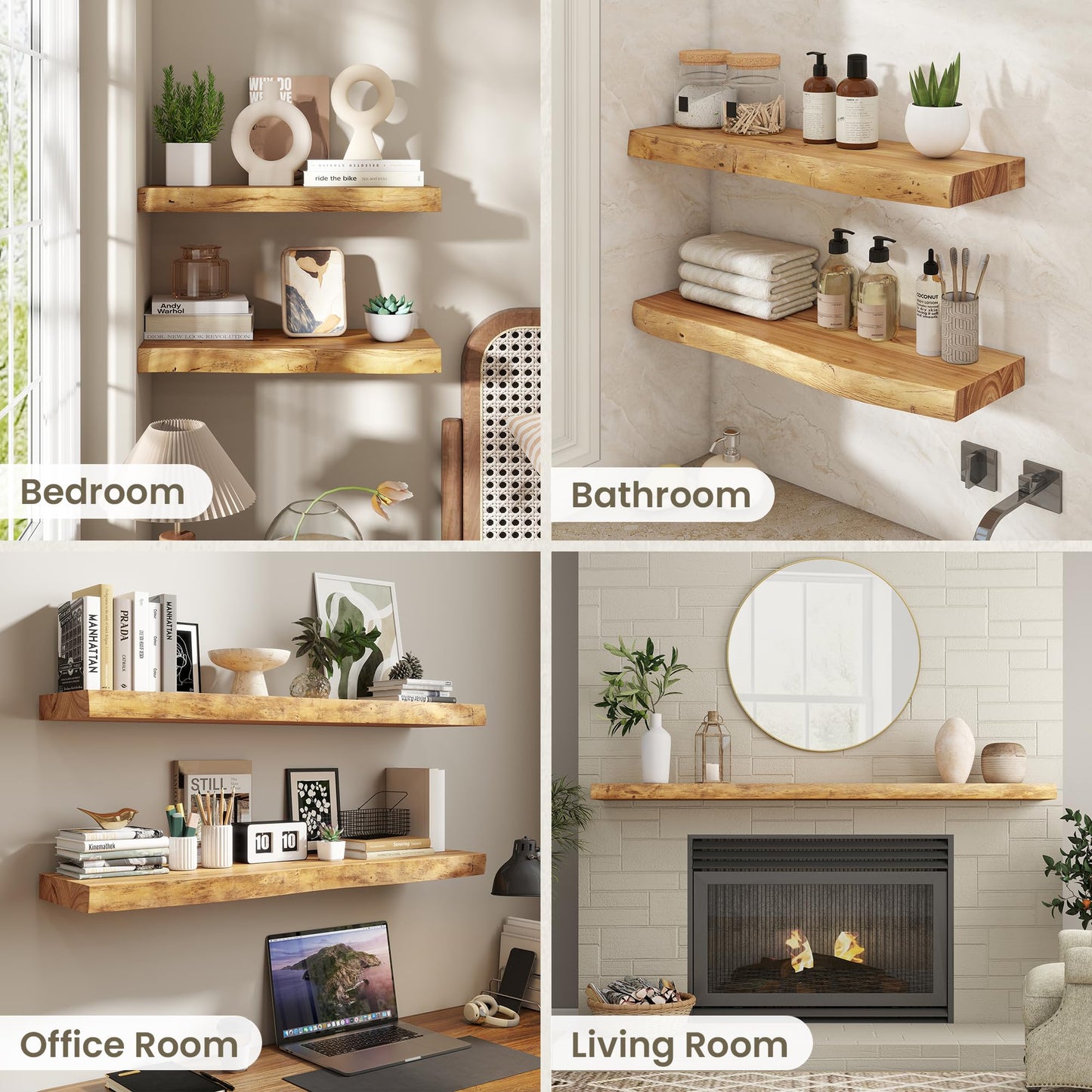 Fun Memories Solid Elm Wood Live Edge Floating Shelves for Wall, 30 x 8 Inch Rustic Wall Shelves Set of 2 with Invisible Brackets for Living Room Bedroom Kitchen, Natural