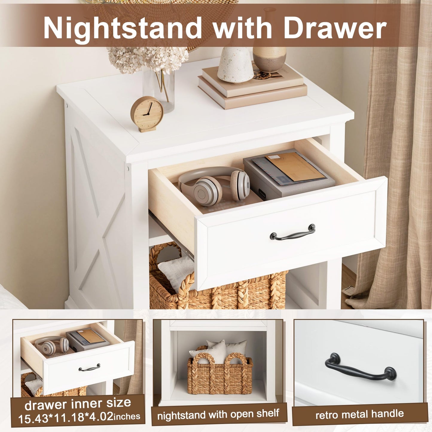 Harper & Bright Designs 4 Piece Bedroom Set, Rustic Queen Size Bedroom Furniture Sets with Storage Nightstands and 1 Dresser, Bedroom Furniture Sets with Wood Platform Bed Frame for Bedroom, White