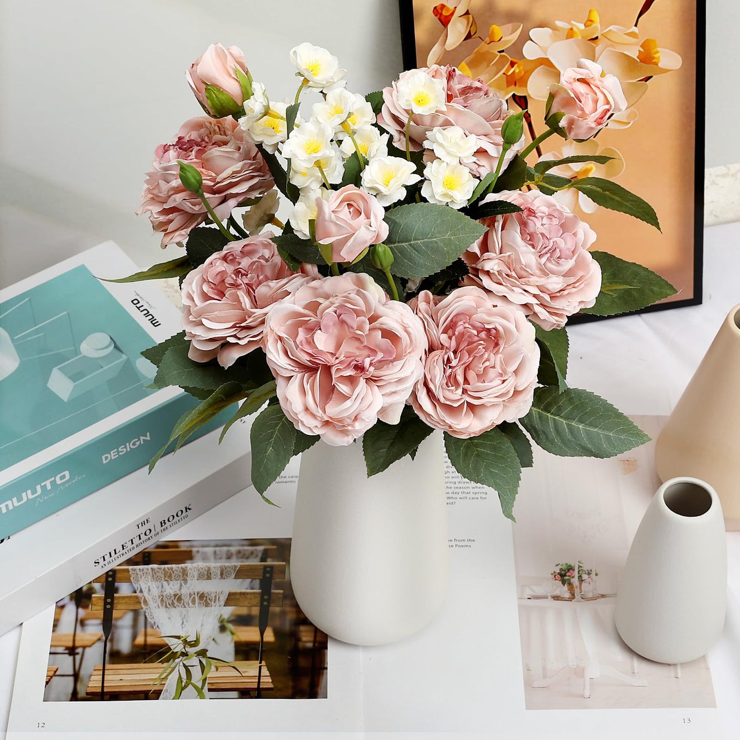 Tobilu Fake Flowers in Ceramic Vase, Artificial Pink Flower Bouquet with Vase Floral Arrangements for Mantel Dining Table Coffee Table Centerpieces - Dusty Pink