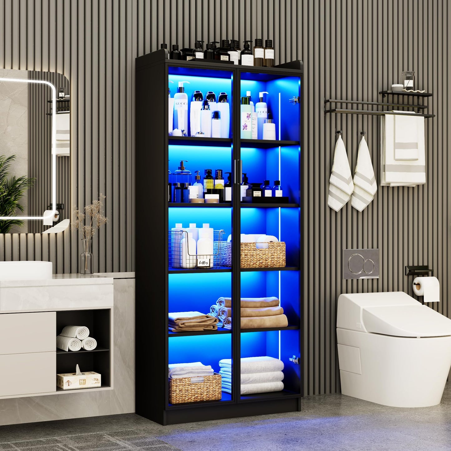 Dystler Display Cabinet with Doors and Adjustable Shelves, 65" Tall Bookcase with LED Lights/Human Sensor, 5 Tier Display Case for Collectibles Bedroom Living Room Office, Black