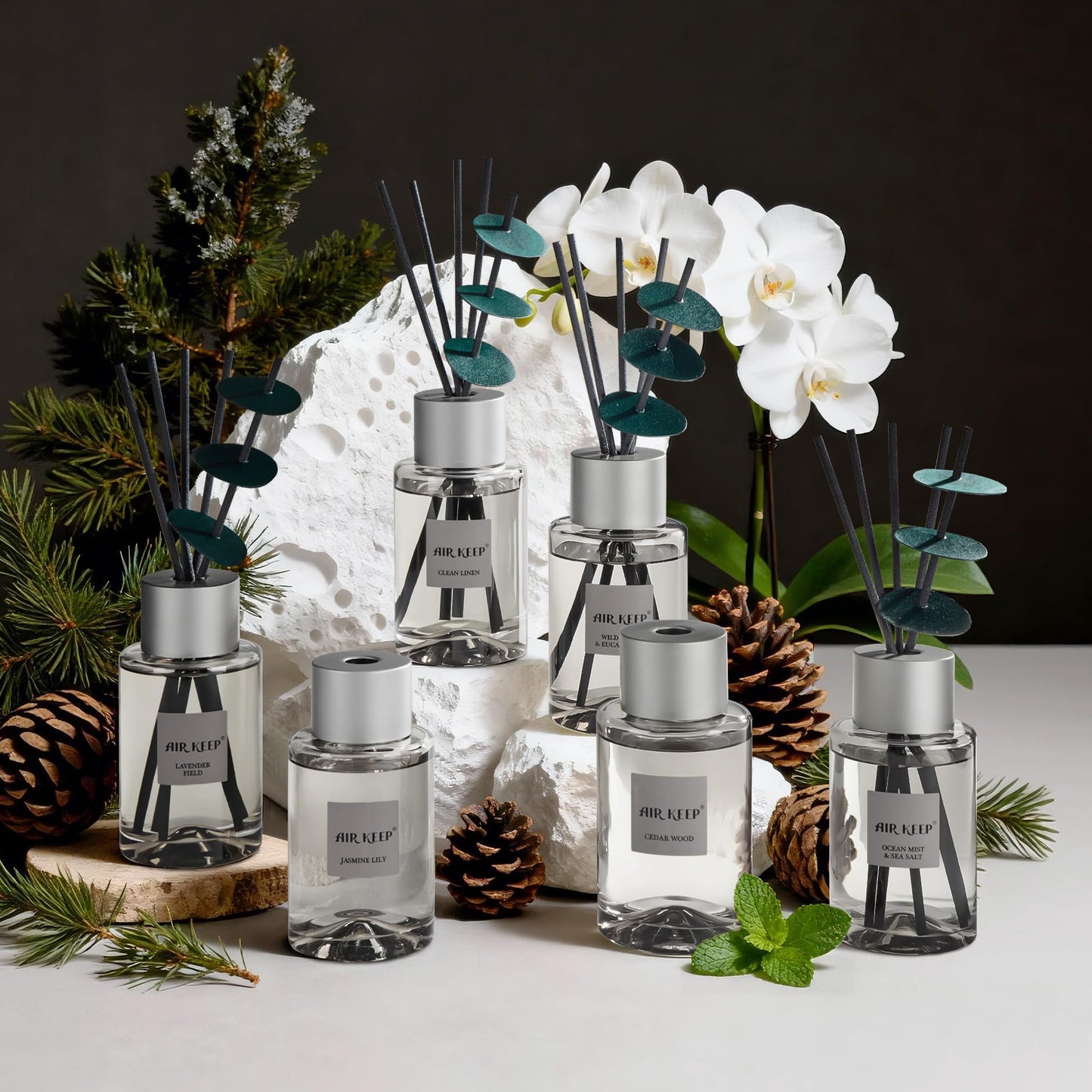 Airkeep Reed Diffuser/Grey Reed Diffuser Set/6.7 oz(200ml)/Wild Mint&Eucalyptus Oil Diffuser & Reed Diffuser Sticks/Home Decor & Office Decor, Fragrance and Gifts