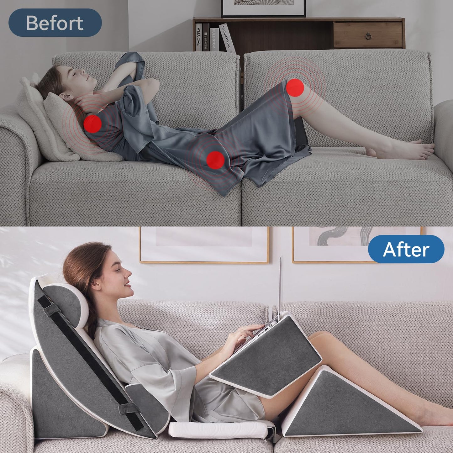 Negwoo Wedge Pillow Set for After Surgery, 7 PCS Bed Wedge Pillow for Sleeping, Memory Foam Orthopedic Back Pillow for Pain Relief and Acid Reflux, Adjustable Post Surgery Pillow Grey