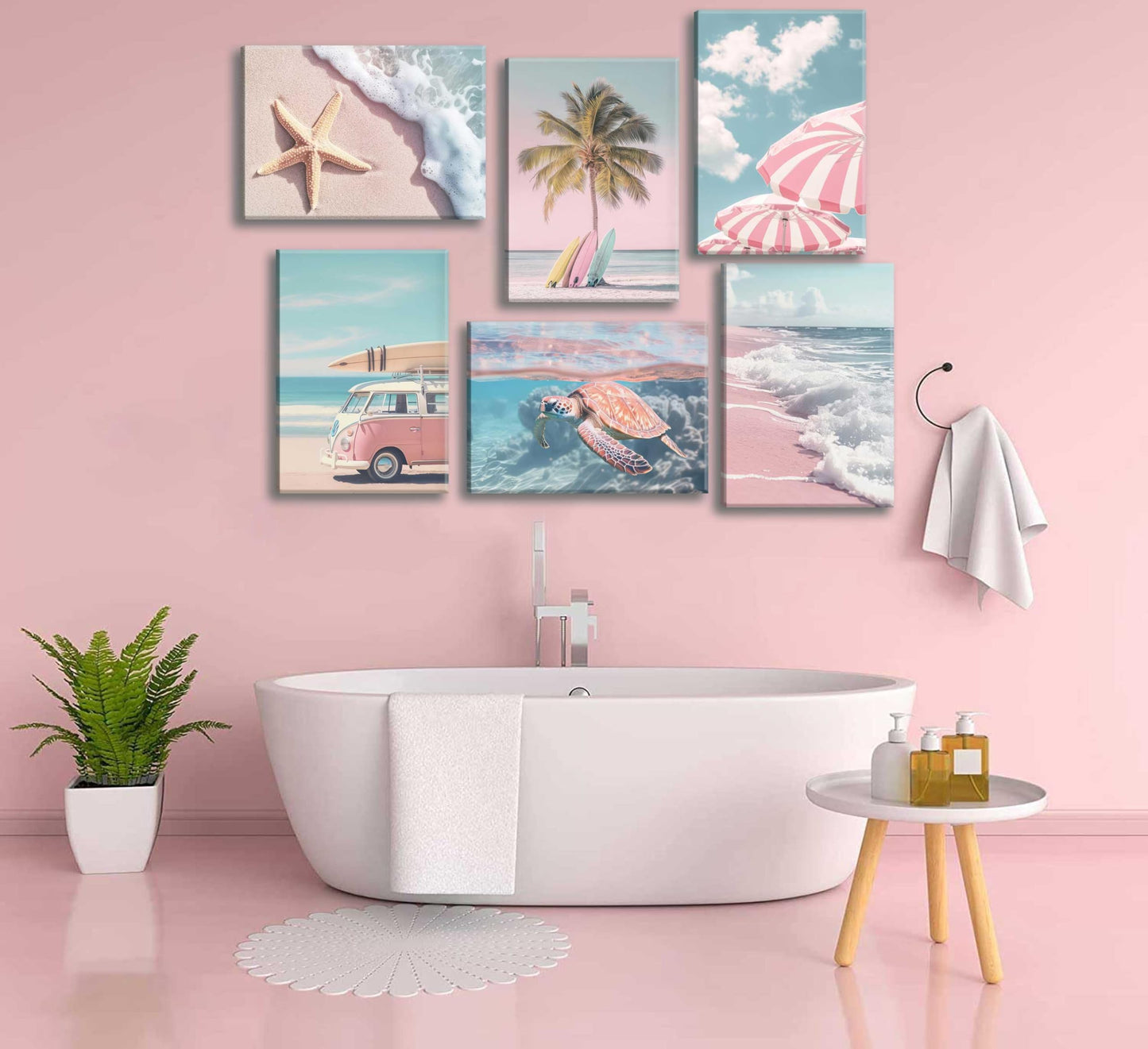 6Pcs Pink Summer Beachy Wall Art Fresh Pink Tropical Ocean Art Print Beach Chairs Starfish Surfboard Palm Tree Wall Decor Retro Coastal Canvas Picture Bus Van Canvas Painting for Bedroom Framed