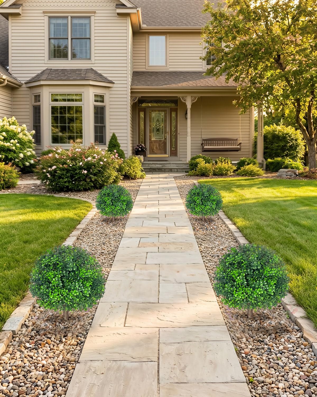 27.5" Artificial Boxwood Topiary Ball Trees for Outdoor with Round Spike, Set of 2 UV Resistant Fake Bushes Artificial Outdoor Shrubs for Front Porch Planters, Weatherproof Faux Greenery Plants Decor
