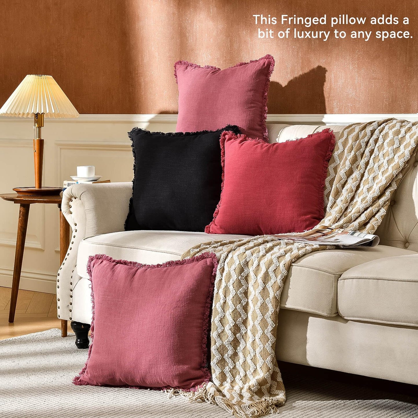 AmHoo Pack of 2 Linen Pillow Covers with Tassels Fringed Decorative Rustic Natural Throw Pillowcase Cushion for Couch Sofa Bedroom 18 x 18-Inch Jester Red