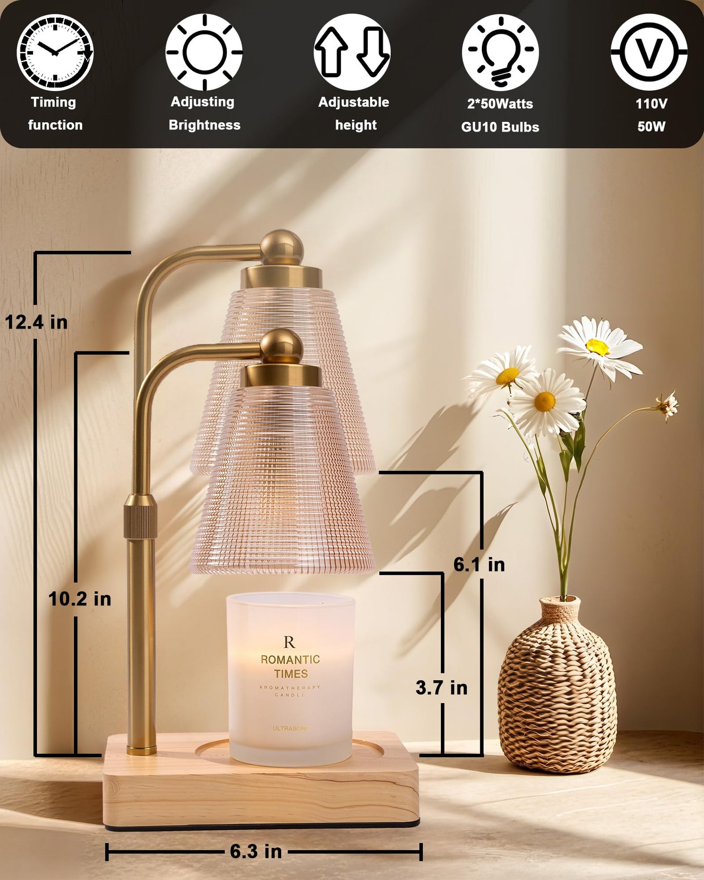 HONGZZI Candle Warmer Lamp with Timer - Adjustable Height & Brightness - Wood Base Glass Shade - 2 Bulbs Included(Square Gold)