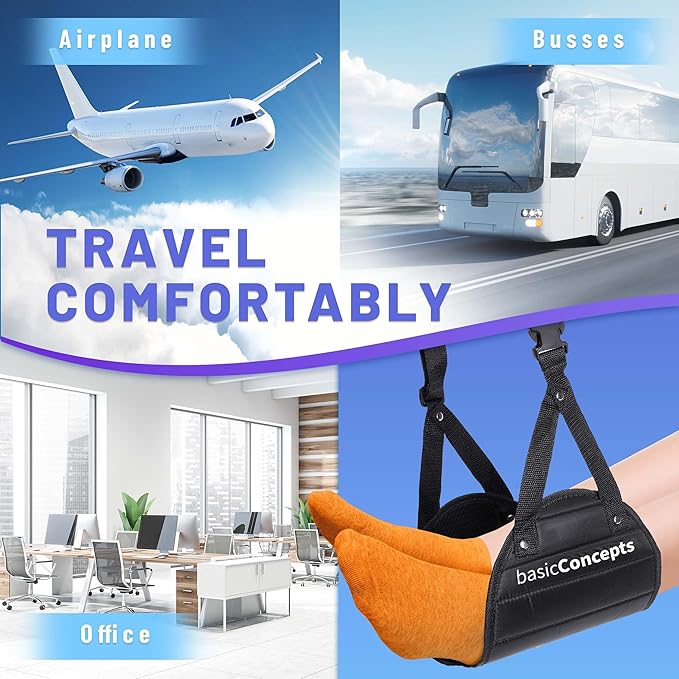 BASIC CONCEPTS Airplane Adjustable Foot Hammock (2 Pack), Perfect or Office Footrest to Relax Your Feet (Memory Foam) - for Travel Accessories, Desk Hammock, Comfy Hanger