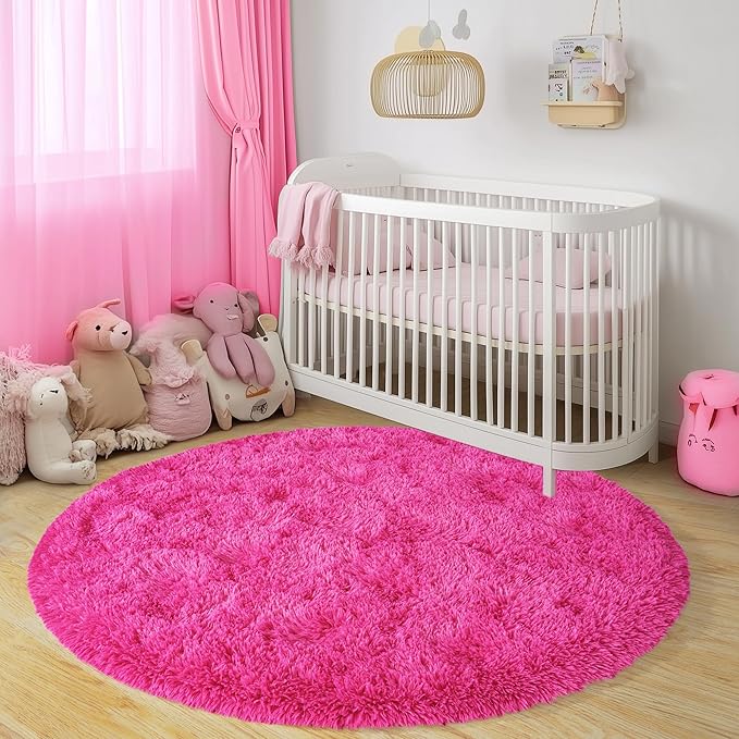 Round Fluffy Rugs 5Ft for Girls Bedroom, Hot Pink Shag Circle Kids Rug Non-Slip for Bedside Dorm Nursery Playroom, Soft Cute Area Rugs for Living Room Decor