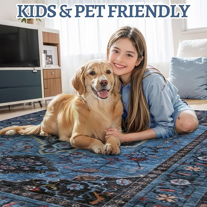 Tangsoo Blue 2x6 Washable Runner Rug for Hallways, Non Slip Oriental Runner Rug, Vintage Soft Low Pile Long Rug Runner, Carpet Runners for Kitchen Bedroom Entryway Bathroom Living Room Blue/Black