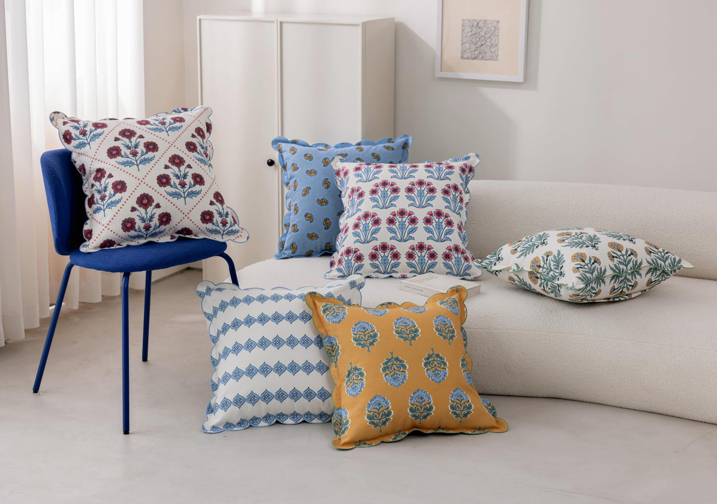 DrapePalette - Scalloped Throw Pillow Covers with Block Print Floral Patterns and Hidden Zipper - Crimson, 20 x 20 Inches Pack of 1 - Soft Indoor Pillow Case for Livingroom, Bedroom, or Lounge