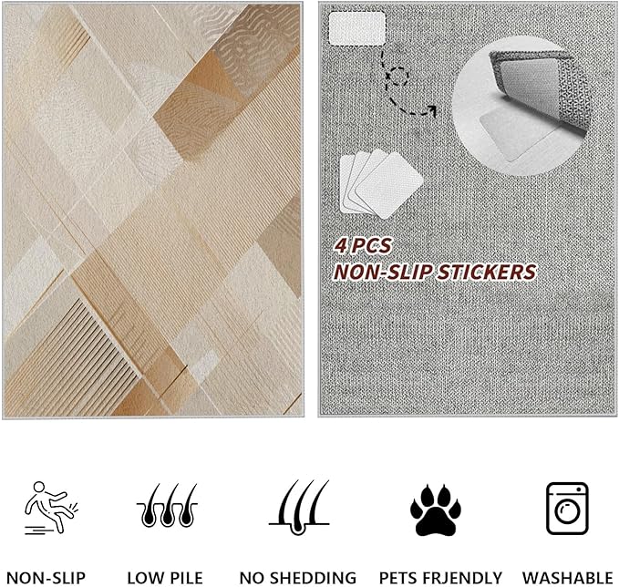 Minimalist Abstract Area Rug 6x8 Brown Boho, Modern Washable Stripe Art Rugs, Soft Non-Slip Low-Pile Carpet for Living Room, Bedroom, Kitchen, Dining Room, Pet Friendly, Non-Shedding, Beige