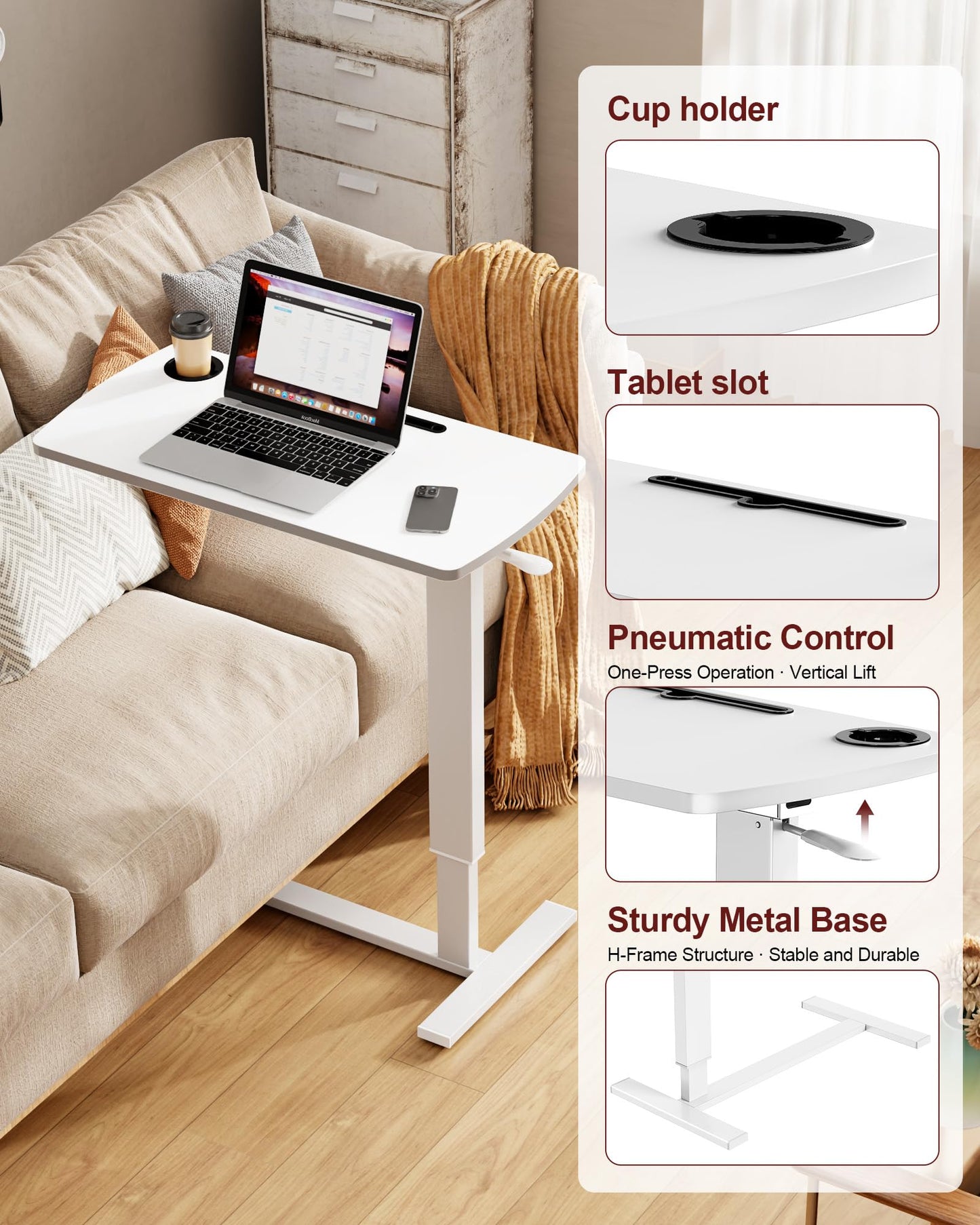Hovadova Foldable Overbed Table with Wheels, Pneumatic Adjustable Overbed Bedside Table, Mobile Standing Desk, Hospital Bed Tables Over The Bed, Rolling Laptop Desk with Casters for Home Office