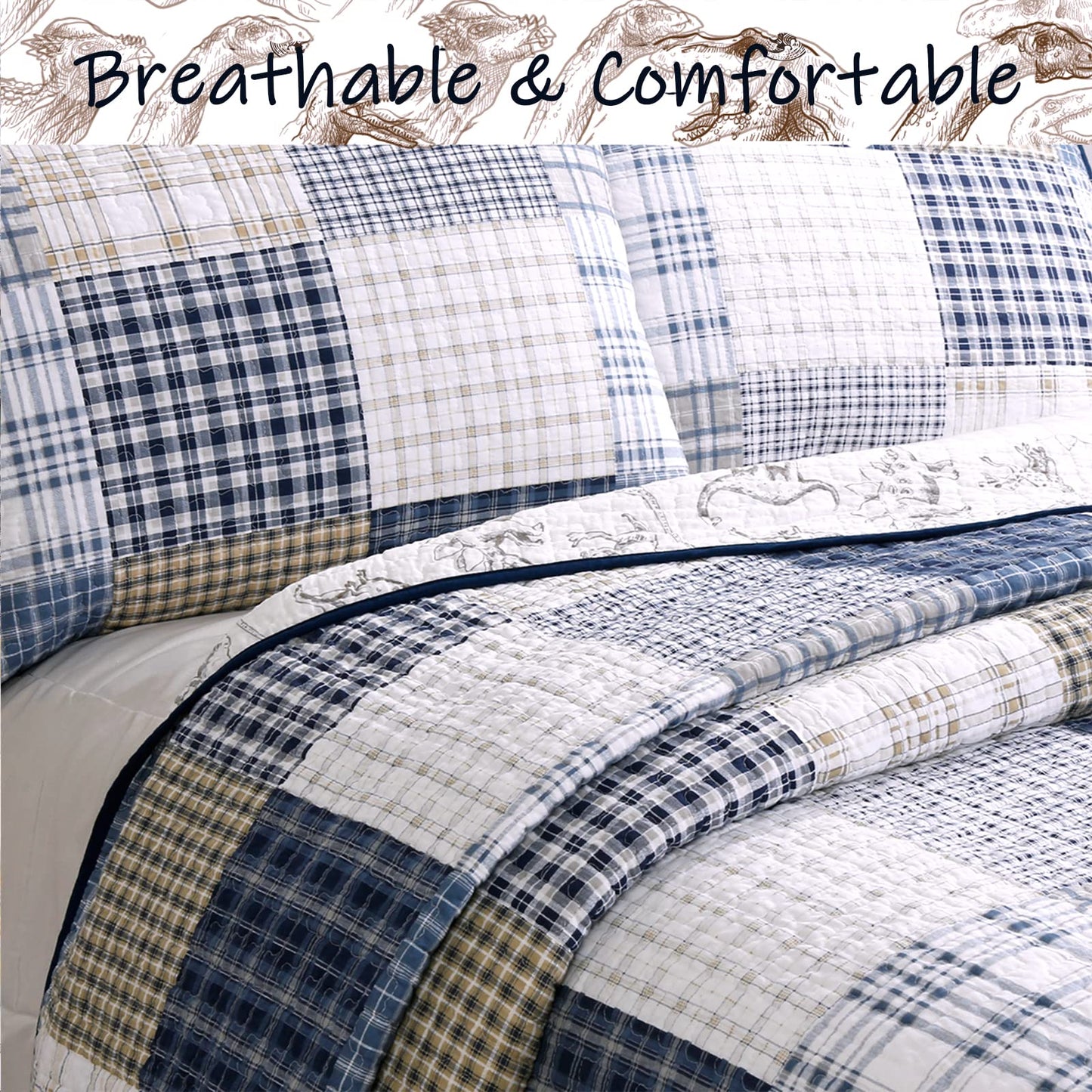 Cozy Line Home Fashions Benjamin Cute Dinosaur Plaid Navy Blue White Grey Bedding Quilt Set 100% Cotton Reversible Coverlet Bedspread Set for Kids Boy(Twin - 2 piece)