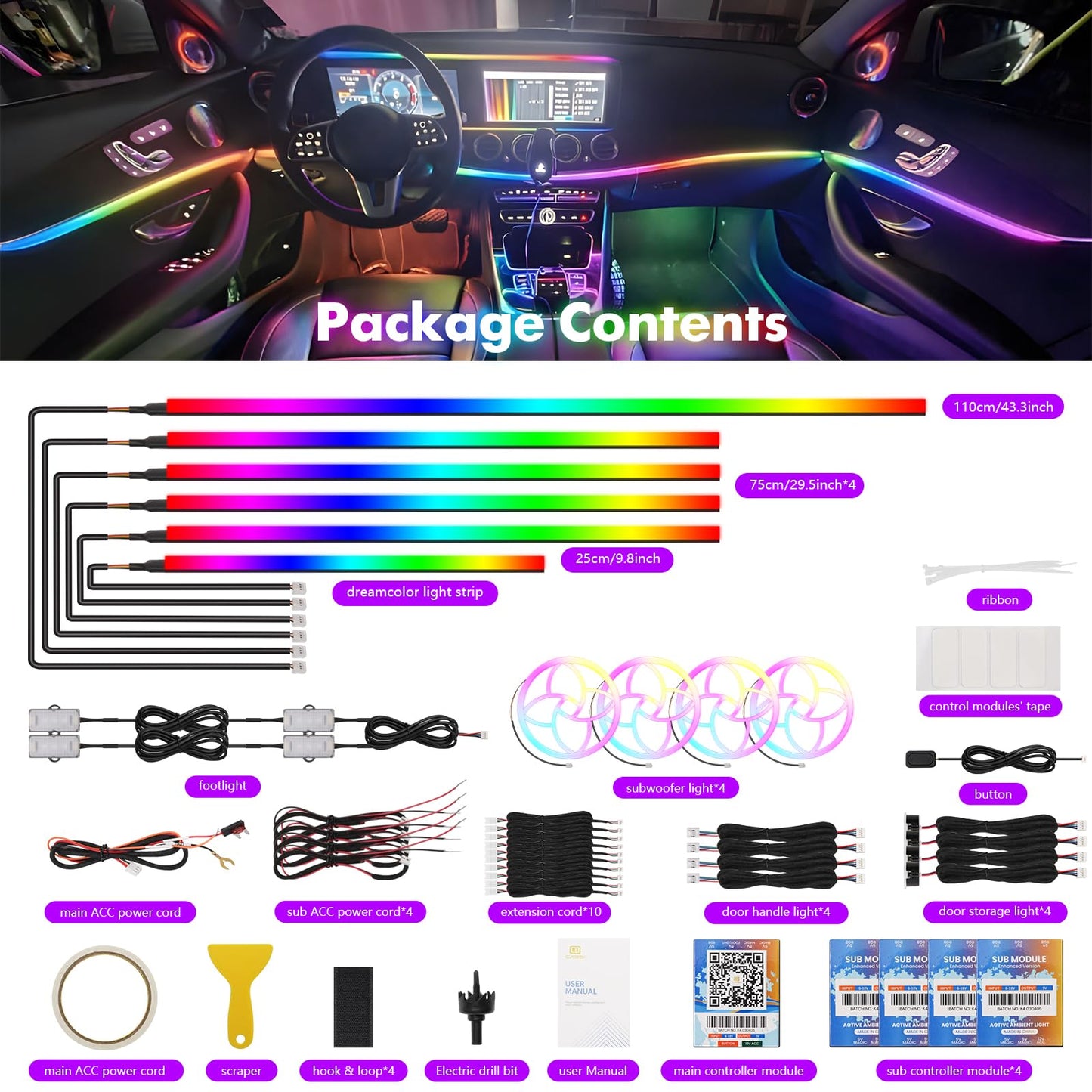 Dreamcolor Acrylic Car Interior Lights 22 in 1 RGB LED Strip Lights APP Control Zoned Control System 252 Color Modes DIY Fiber Optic Ambient Lighting Kits Music Car Neon Light Kits New Version