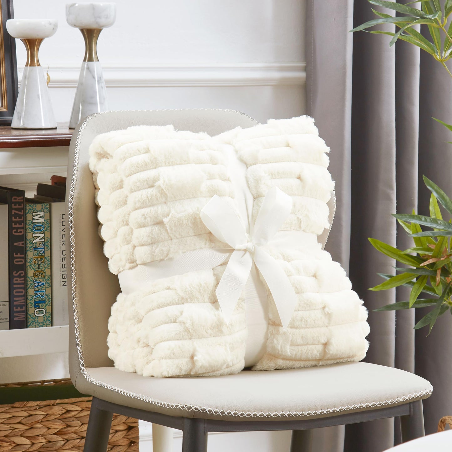 JONIYEAR Extra Large Soft Fluffy Striped Faux Fur Blanket Queen Size 80" x 90", Decorative 3D Geometric Big Warm Fuzzy Fur Blankets for Winter, Reversible Thick Cozy Furry Blanket for Bed, Cream White