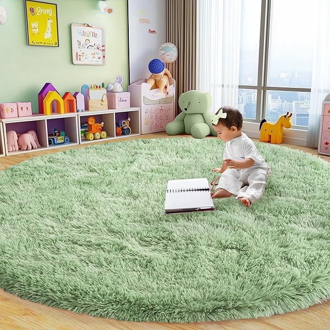 Round Fluffy for Bedroom Rugs, 4Ft Sage Green Shag Circle Rug Non-Slip for Kids Girls Boys Bedroom Dorm Nursery Playroom, Soft Cute Area Rugs for Living Room Decor