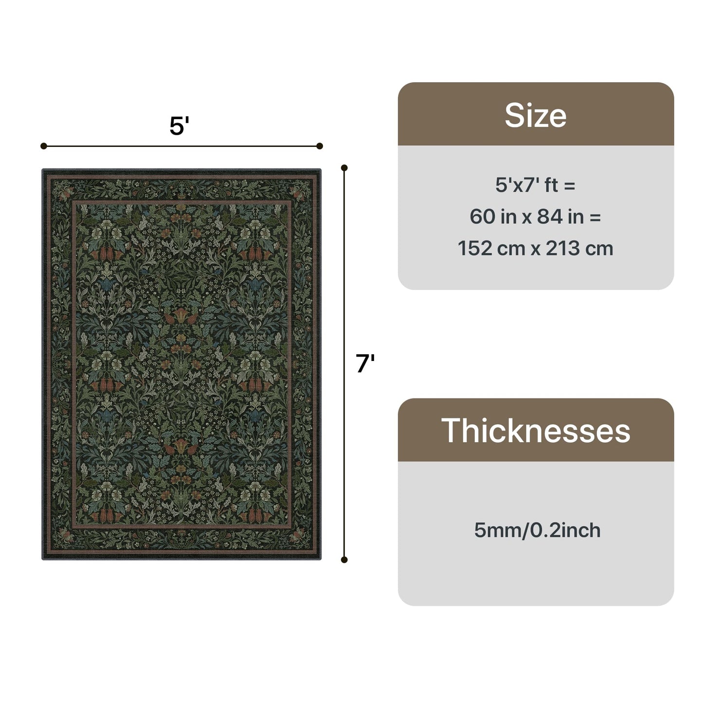 GENIMO Washable Rugs 5x7, Dark Green Rug Non Slip, Vintage Boho Floral Area Rug, Soft Low Pile Thin Carpet for Bedroom Living Room Nursery Dining Room, Dark Green