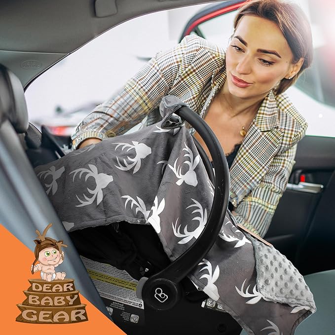 Dear Baby Gear - 40x30 Car Seat Canopy, Infant Carrier Cover for Boys & Girls, Cozy Fall, Nursing & Stroller Use, Newborn Travel Sunshade Accessory White Antlers on Gray, Gray Reverse