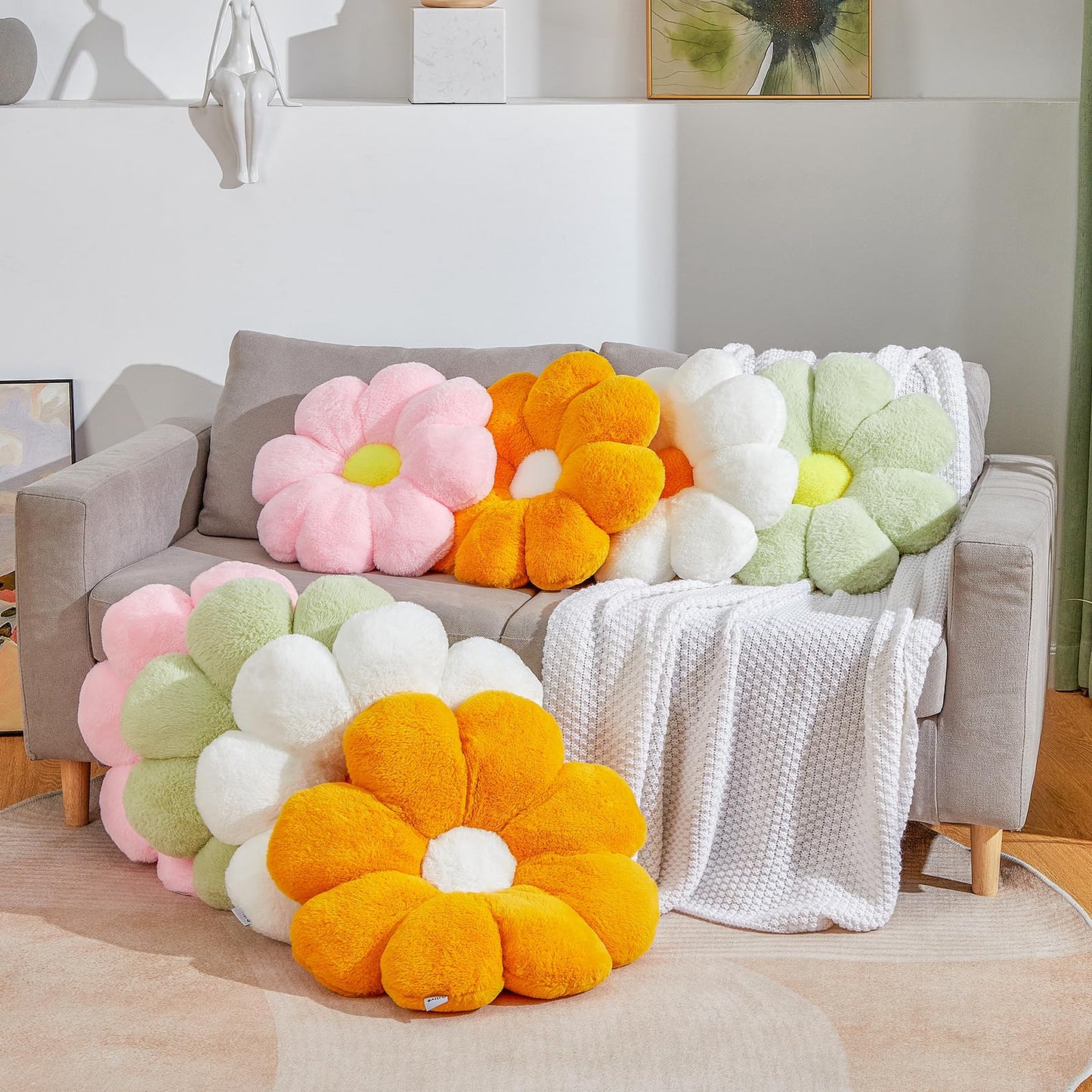Ailive 20" Large Yellow Flower Pillow Floor Pillow Seat Cushion – Faux Rabbit Fur Plush Throw Pillow, Cozy Floor Cushion & Gift for Kids Girls Adults