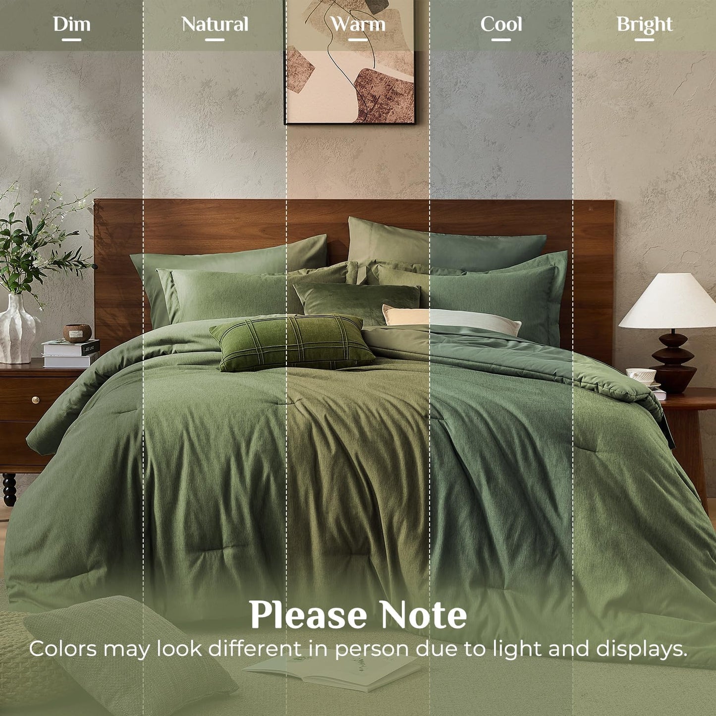 JOLLYVOGUE Queen Comforter Set Dark Green, Cationic Dyeing Bed in a Bag Queen 7 Pieces, Double-Tone Bedding Set with Down Alternative Comforter, Sheets, Pillowcases & Shams