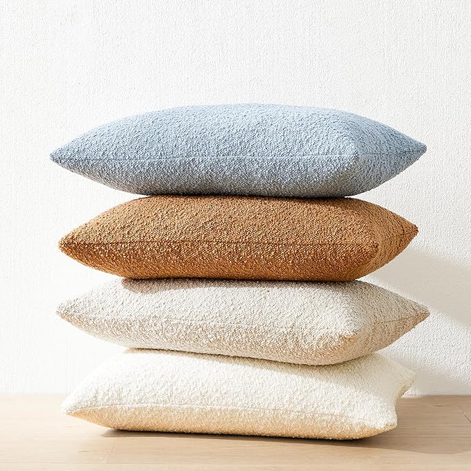 Mixhug Decorative Boucle Throw Pillow Covers, Beige, 12 x 20 Inches, Pack of 2 - Neutral Textured Boho Pillow Covers for Couch and Bed