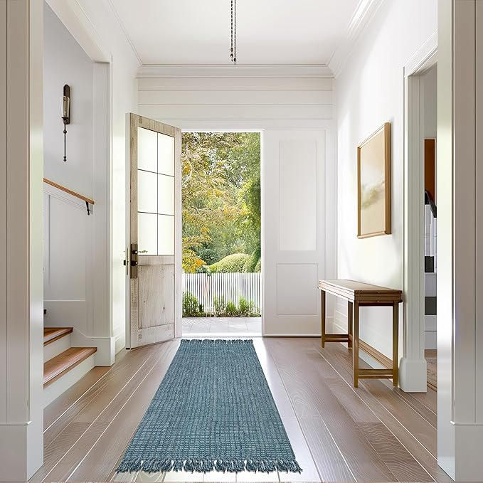 Nuloom Daniela Blue, 2'6" x 12', Handmade, Jute, Tassel, Soft and Textured, High Traffic, Stain Resistant, Easy Clean, Durable Runner for Bedroom, Living Room, Dining Space, Foyer, Entryway