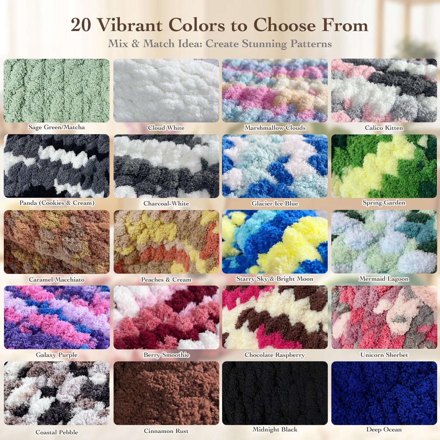 Bulky Chunky Yarn for Hand Knitting Blanket β #10 Jumbo Knitting Yarn, 1 Inch Thick Chenille Jumbo Yarn, No Knots Soft Machine Washable, Super Bulky Yarn 4 Pack for Crochet, Arm Knitting & Crafts