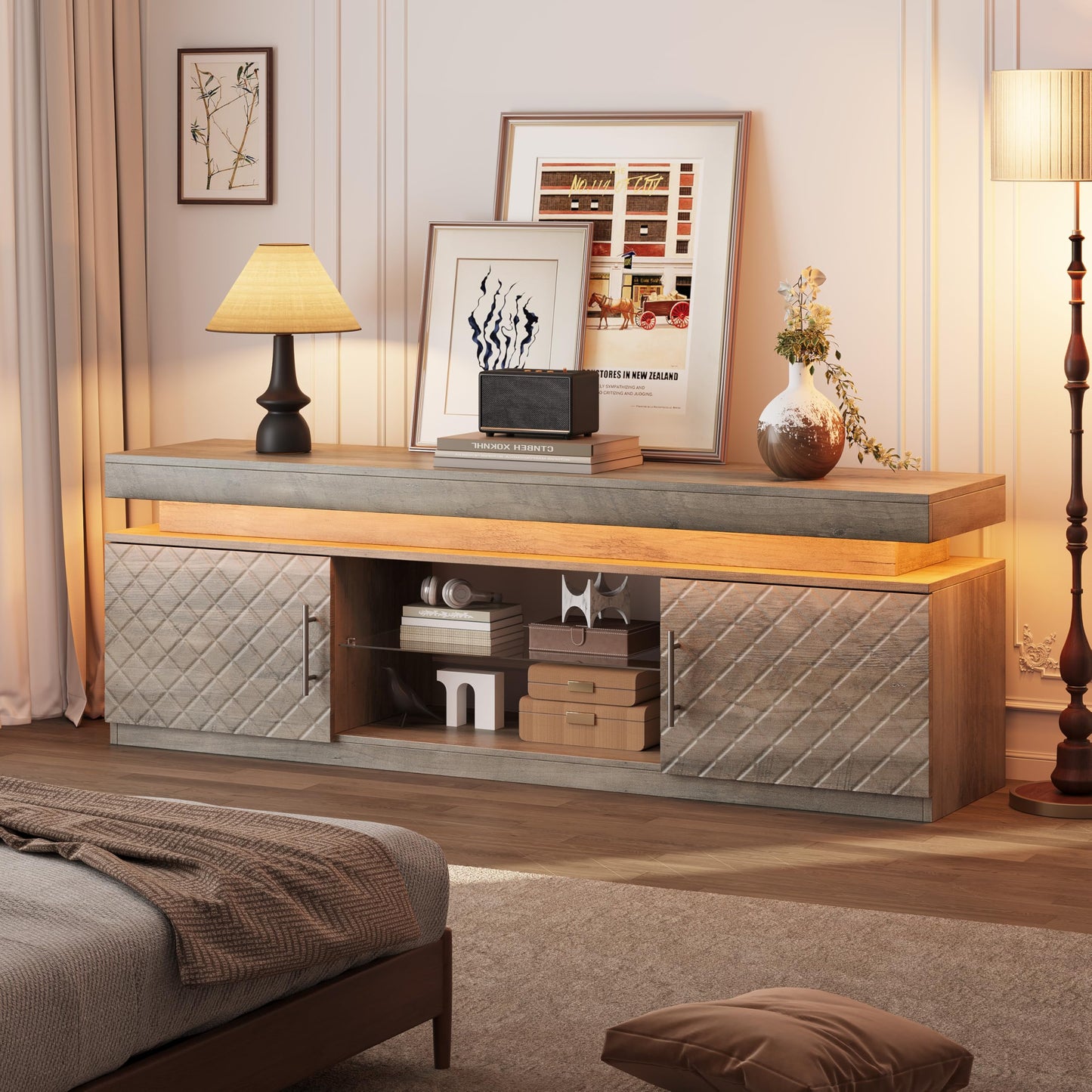 BOXACTION TV Stand for TVs Up to 65 Inch, Entertainment Center with Power Outlet, RGB LED Lights, Adjustable Glass Shelf, Storage Cabinets, Media Console Table for Living Room, Grey