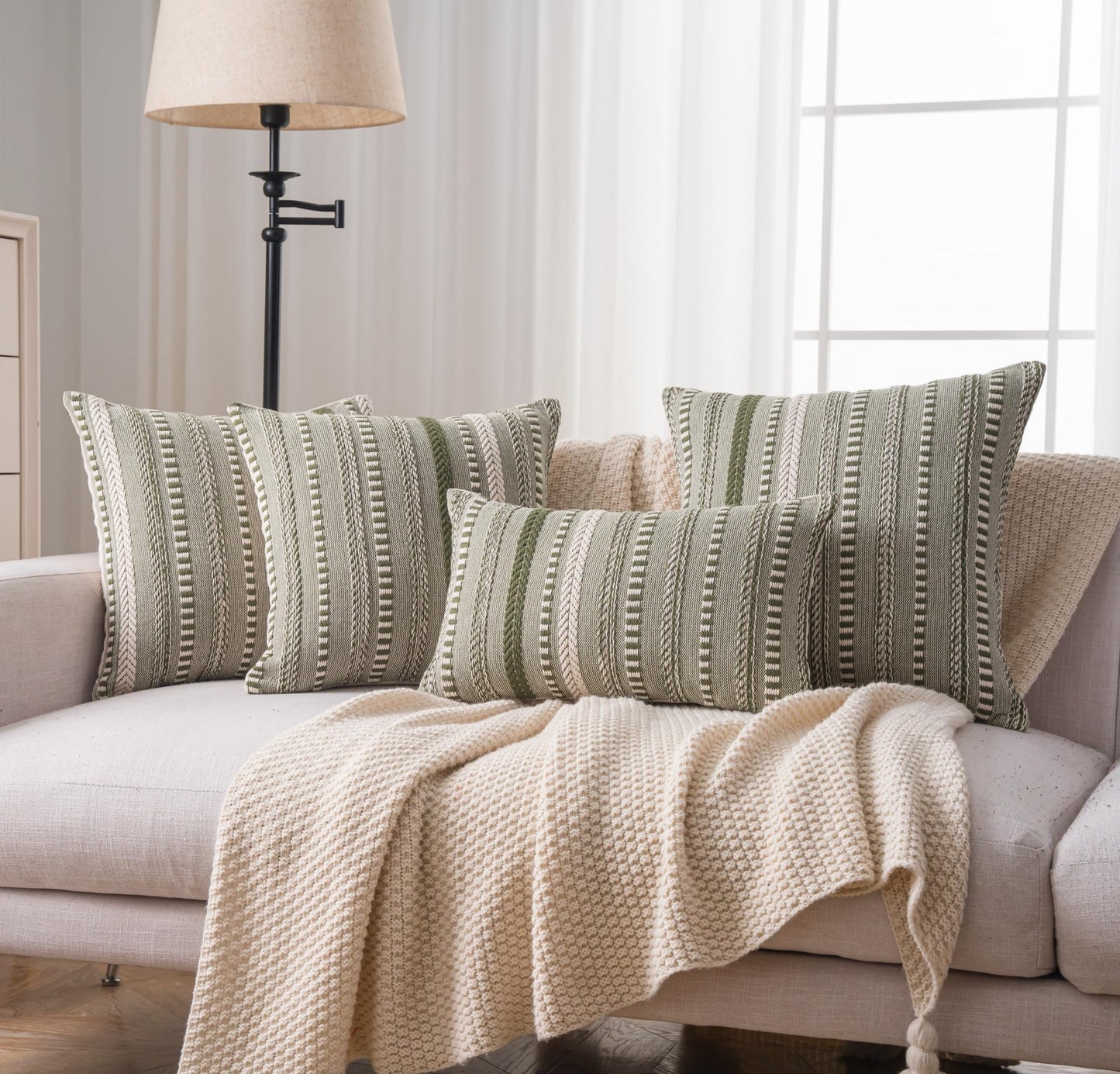 Cethom Boho Throw Pillow Covers 18x18 Inch Set of 2, Farmhouse Decorative Couch Pillow Cases, Green Accent Pillows of Bed, Sofa Bedroom Living Room Home Decor Cushion Cover