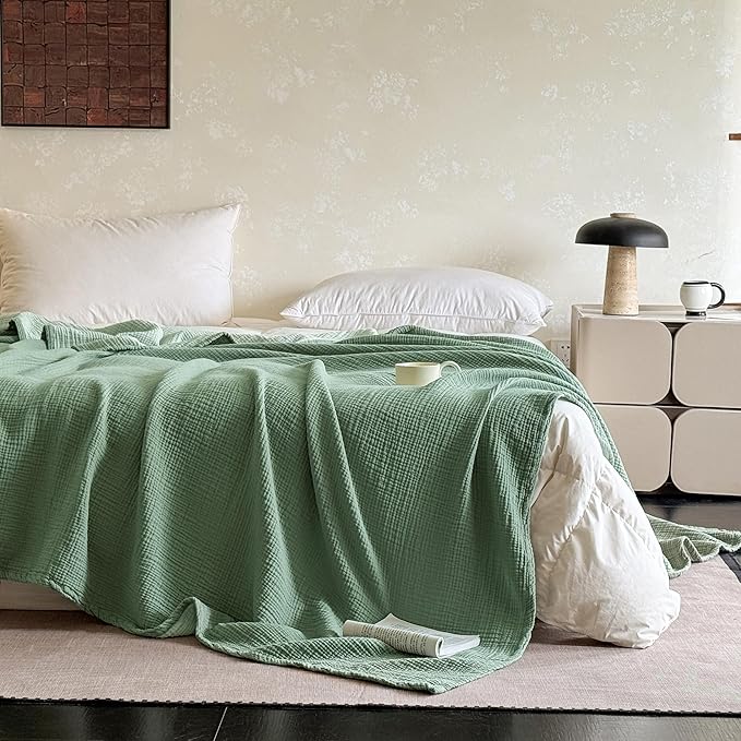 FALUCA Cotton Muslin Reversible Blanket King Size for Bed, Couch, Four Layers Blanket, Soft Lightweight Cozy Breathable Farmhouse Decoration for All-Season, Light Green