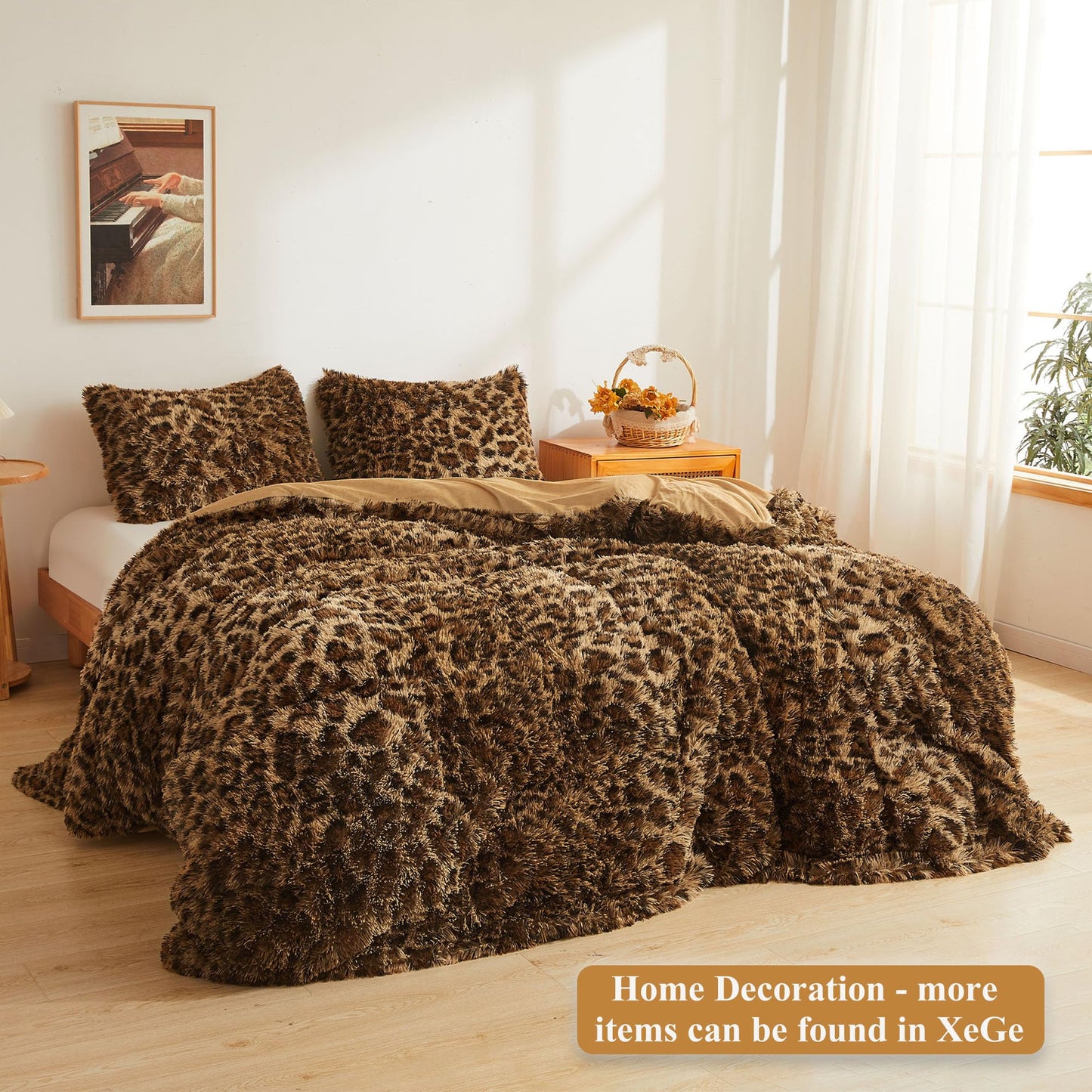 XeGe 20x54 Fluffy Leopard Print Body Pillow Cover, Cheetah Print Plush Fuzzy Faux Fur Body Pillowcase with Zipper, Farmhouse Shaggy Furry Long Pillow Cover for Pregnant Women Side Sleeper, Brown