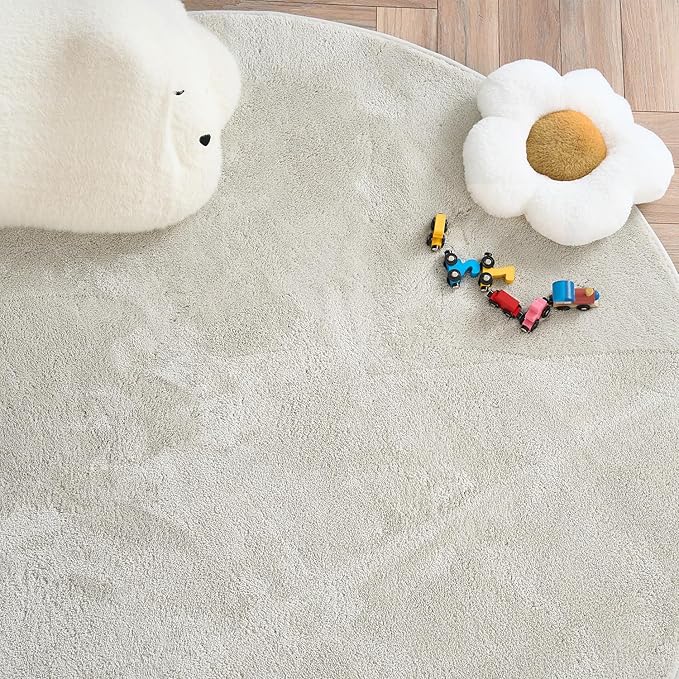 jinchan Solid Plush Round Rug 4ft Performance Shaggy Circle Rug 4' Round Washable Indoor Soft Modern Faux Wool Non Slip Carpet for Living Room Kids Room Bedroom Dining Room Ivory