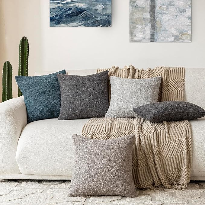 Foindtower Decorative Textured Boucle Throw Pillow Covers Accent Solid Pillow Cases Neutral Soft Cozy Couch Cushion Case for Chair Sofa Bedroom Living Room Home Decor 26 x 26 Inch,Blue
