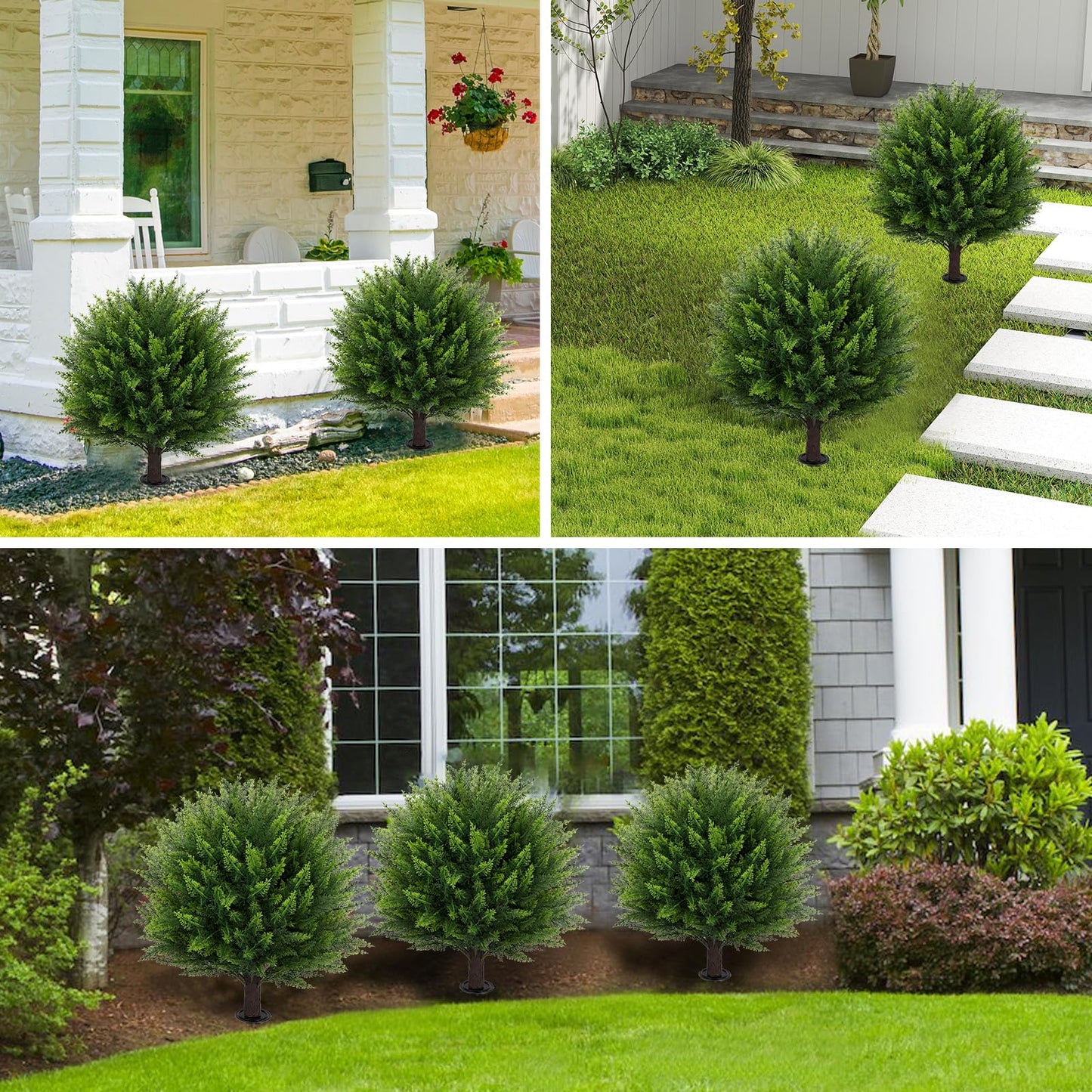 Artificial Cedar Topiary Ball Tree 23" with Ground Spike, Set of 2 Artificial Boxwood Bushes for Faux Shrubs, Fake Evergreen Faux Plant for Indoor Outdoor Porch Garden- UV Resistant – Fade-Proof