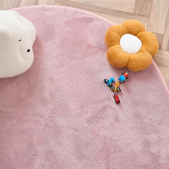 jinchan Solid Plush Round Rug 5ft Performance Shaggy Circle Rug 5' Round Washable Indoor Soft Modern Faux Wool Non Slip Carpet for Living Room Kids Room Bedroom Dining Room Pink