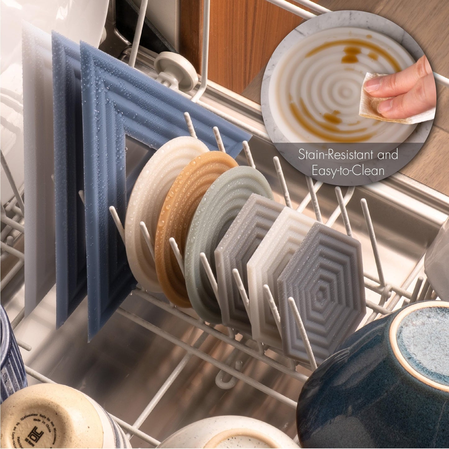 LINE+ARC Extra Thick Silicone Coasters Waterproof Anti-Stain Heat-Safe Dishwasher-Safe Degrē Coasters XL (Set of 6 Indigo Wash) Outdoor Round Mid-Century Modern MCM