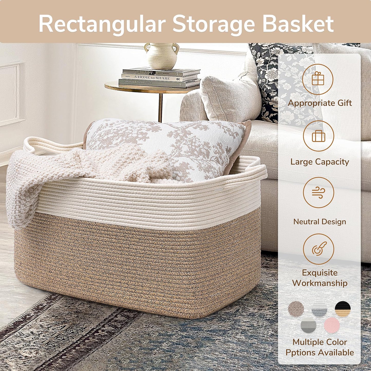 Goodpick Large Woven Blanket Basket, 21.6" x 14.9" x 11.8" Storage Baskets for Organizing, Rectangle Cotton Rope Toy Basket for Living Room, Bedroom, White & Brown