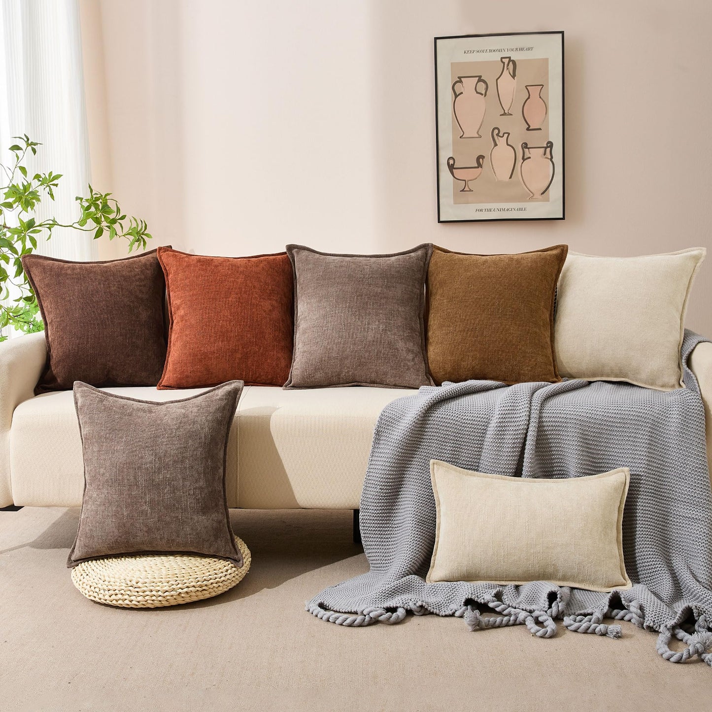 Allorry 22x22 Set of 2 Decorative Throw Pillow Covers Soft Cozy Cocoa Brown Chenille Pillow Covers Neutral Textured Solid Cushion Covers for Modern Farmhouse Sofa Bedroom Living Room Decor SY014-B22