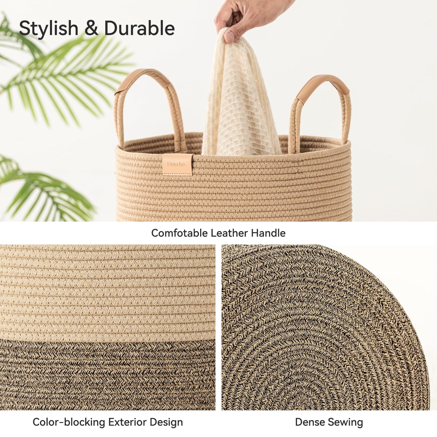 Nunsino 95L Striped Laundry Hamper with Leather Handles,Large Foldable Laundry Basket for Clothes,Cotton Rope Storage Bin for Blankets,Woven Clothes Basket for Bedroom,Dark Brown Stripes